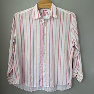 Tommy Bahama Men Linen Button Up‎ Shirt XXL White Red Striped Relax Fit Beach